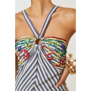 New Anthropologie Avril Emroidered Striped Halter Top $110  MEDIUM  Blue